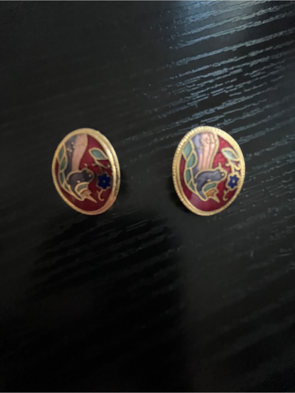 Vintage Cloisonné Gold-Tone Red Enamel Floral Oval Earrings